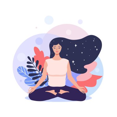 Meditasyon konsepti. Lotus pozisyonunda güzel bir yoga kadını. Vektör illüstrasyonu.