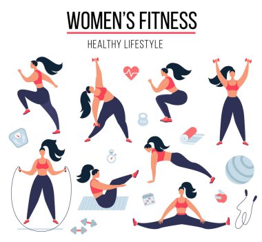 Kadın fitness. Spor yapan bir kadın, spor yapan bir kız ve yoga yapan bir kadın. Vektör illüstrasyonu