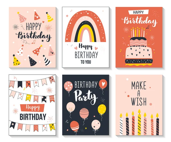 Happy Birthday Greeting Card Party Invitation Set Vector Illustration Hand — Stock Vector