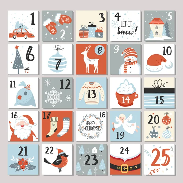 Advent Calendar Christmas Poster Holiday Season Cute Cards Scandinavian Style — Stock Vector