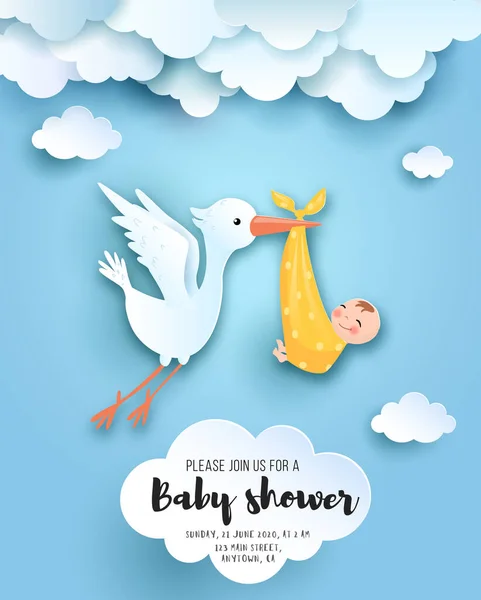 Baby Shower Card Con Simpatica Cicogna Cielo Con Bimbo Arte — Vettoriale Stock