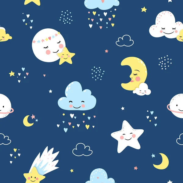 Childish Seamless Pattern Moon Star Clouds Kids Vector Background — Stock Vector