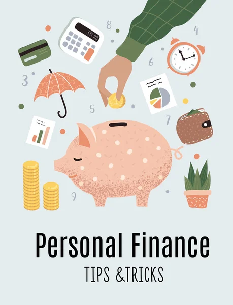 Finanza Personale Risparmio Illustrazione Concetto Denaro Perfetto Poster Banner App — Vettoriale Stock