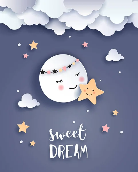 Söt Måne Och Stjärna Välkomna Baby Gratulationskort Plantskola Affisch Vektor — Stock vektor
