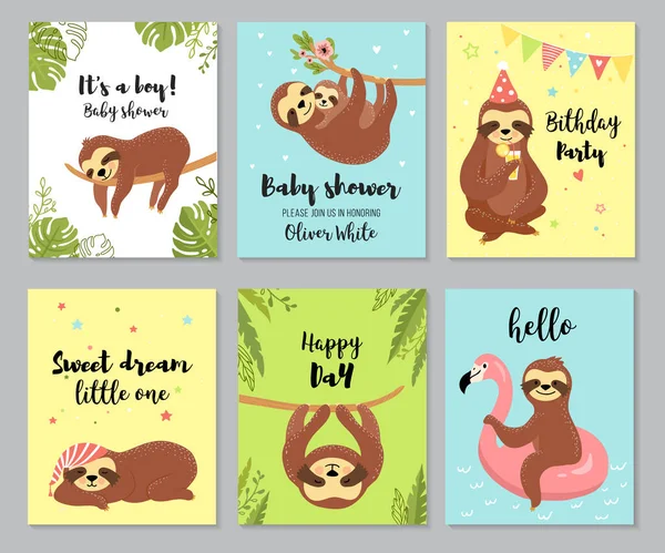 Leniwe Karty Słodkie Śpiące Zwierzęta Cytatami Zaproszenie Baby Shower Projekt — Wektor stockowy
