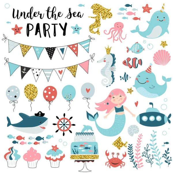 Sotto Mare Elementi Festa Saluto Compleanno Invito Baby Shower Card — Vettoriale Stock