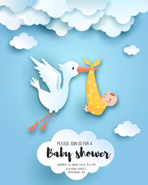 Baby Sprcha Karta Roztomilým Čápem Obloze Dítětem Vektorové Papírové Umění Royalty Free Stock Vektory