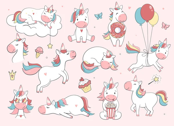 Bel Set Unicorni Personaggi Vettoriali Compleanno Invito Baby Shower Card Illustrazione Stock