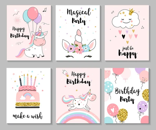 Happy Birthday Greeting Card Nursery Posters Cute Unicorns Vector Illustration Stock Vector