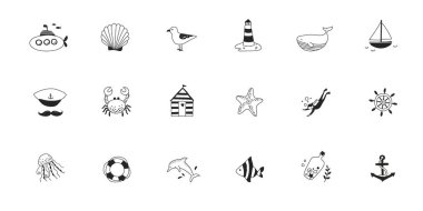 Deniz ikonları. El çizimi vektör çizimi. İskandinav tarzı.