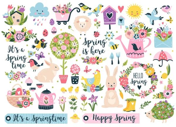 Frühlingsset Handgezeichnete Elemente Blumen Vögel Kränze Zitate Und Andere Perfekt — Stockvektor