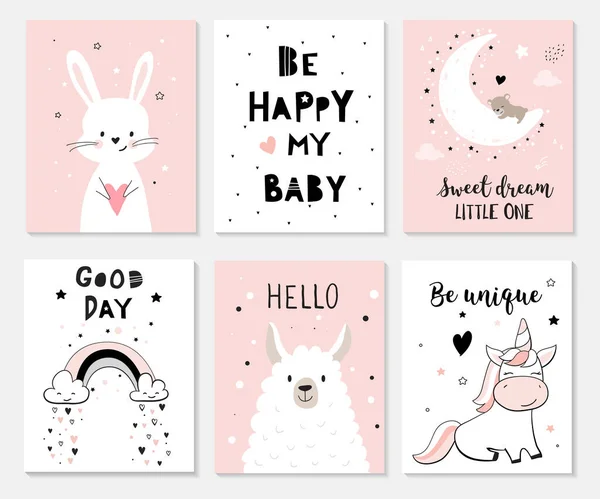 Carteles Lindos Con Conejito Lama Unicornio Impresiones Vectoriales Para Habitación — Vector de stock