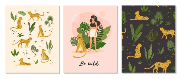 Bądź Dziki Zestaw Wektorowych Ilustracji Kobiety Lampartem Liśćmi Tropikalnymi Oraz — Wektor stockowy