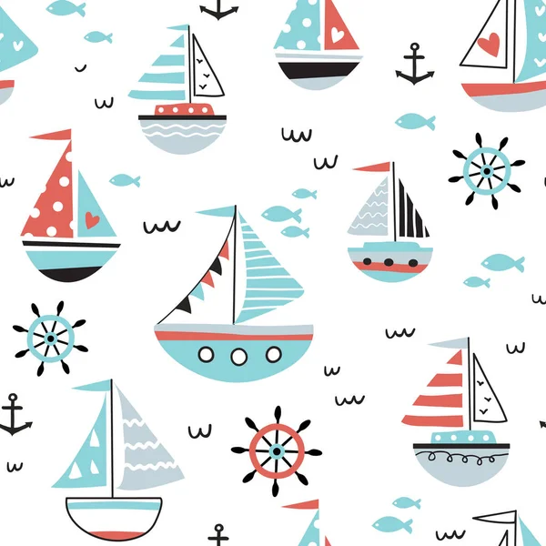 Морской Бесшовный Рисунок Парусниками Лодками Идеально Подходит Ткани Детской Одежды — стоковый вектор