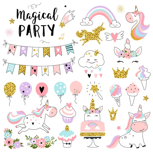 誕生日 招待状 ベビーシャワーカードのユニコーンマジックパーティー要素 お菓子 カップケーキなどのセット ベクターイラスト — ストックベクタ