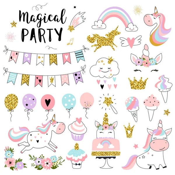 Unicorn Magic Party Elements Greeting Birthday Invitation Baby Shower Card Stock Illustration
