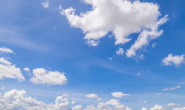 Açık mavi gökyüzü ve bulutların panoramik görüntüsü, arka planda bulutlar.