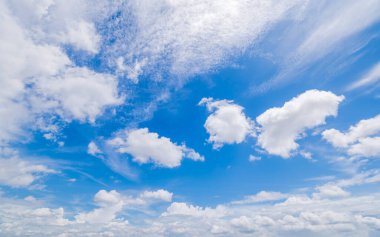 Açık mavi gökyüzü ve bulutların panoramik görüntüsü, arka planda bulutlar.