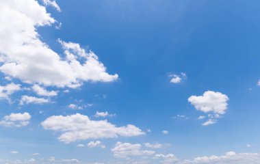 Açık mavi gökyüzü ve bulutların panoramik görüntüsü, arka planda bulutlar.
