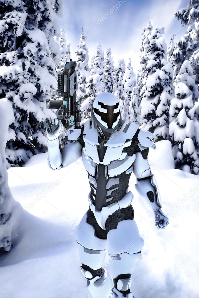 Futuristic soldier in a wood with snow
