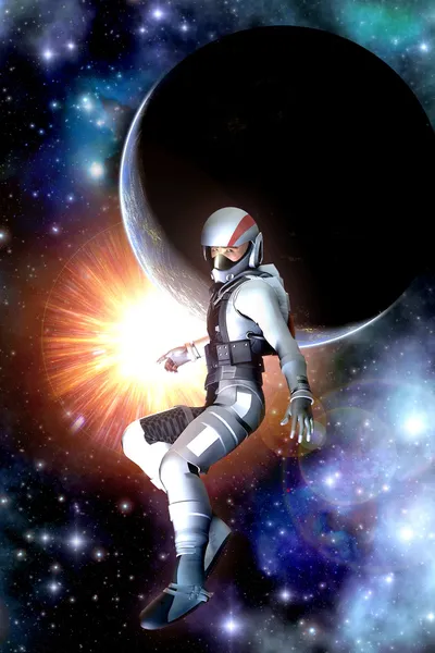 Futuristic astronaut sun and planet — Stock Photo, Image