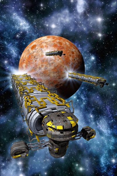 Грузовые космические корабли с планетой и туманностью
