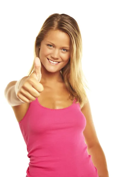 Mujer sonriente con pulgares arriba —  Fotos de Stock