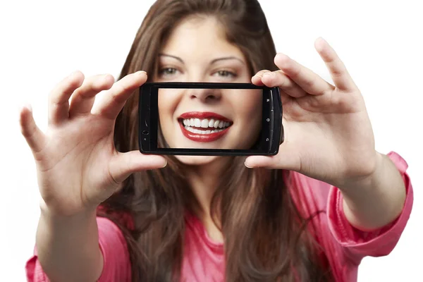 Sonrisa perfecta diente sano alegre adolescente chica aislado —  Fotos de Stock