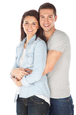 beyaz zemin üzerinde duran genç Çift