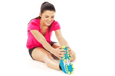 Spor kadın izole üzerinde beyaz germe