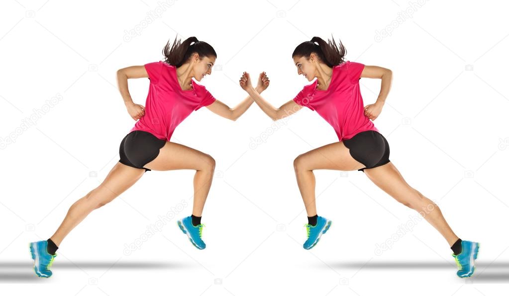 Sport woman starting running. Mirror effect.