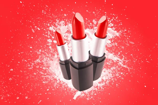 Czerwone szminki na białym tle na czerwonym tle — Zdjęcie stockowe