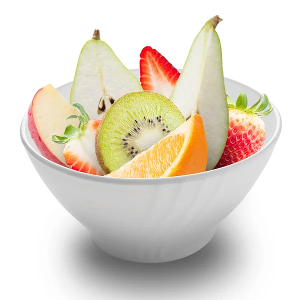Frutas frescas en un tazón blanco aislado —  Fotos de Stock