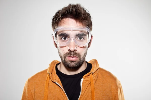 Portrait of a normal boy with chemical goggles — Stock Photo, Image