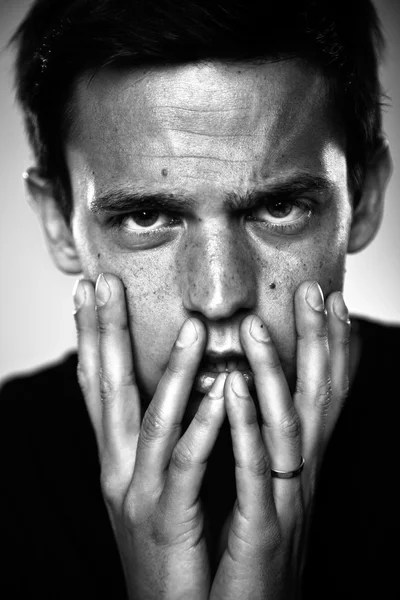 Young man portrait close up. Black and white — Stock Photo, Image