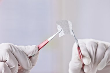 bilimsel grafen altıgen molekülü ile bir parça göstermek eller.