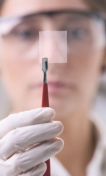 Científico mostrando un pedazo de grafeno con molécula hexagonal . —  Fotos de Stock