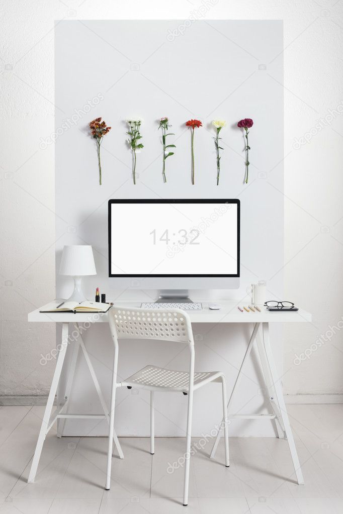 White desk with spring environment.