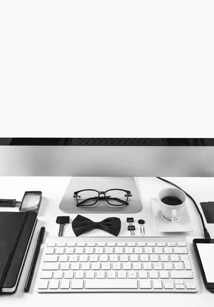 Closeup of business objects in order on white desk. Stock Photo