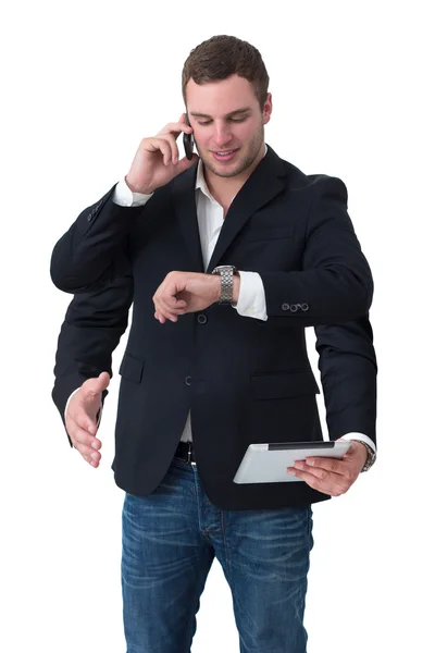 Giovane multitasking al telefono, orologio, tablet, stretta di mano — Foto Stock