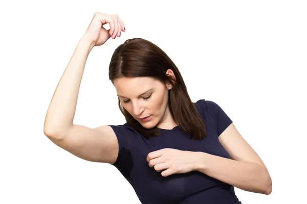 Woman sweating very badly under armpit — Stock Photo, Image