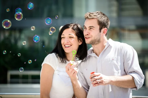 Zábava s bublina dmychadlo — Stock fotografie