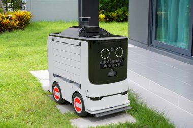 Müşteri evinin önüne park edilmiş otonom paket teslimat robotu, akıllı ulaşım 5G teknoloji konsepti