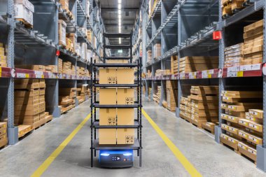 Depolarda 5G kablosuz bağlantısı olan otonom robot teslimatı, Akıllı endüstri 4.0 konsepti