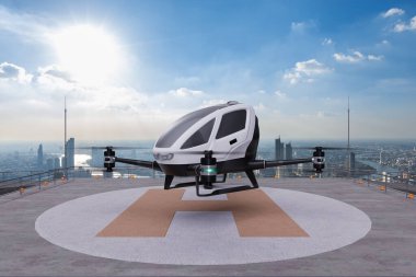 Otomatik sürücüsüz hava aracı, çatıda kalkış yapıyor. 3D.