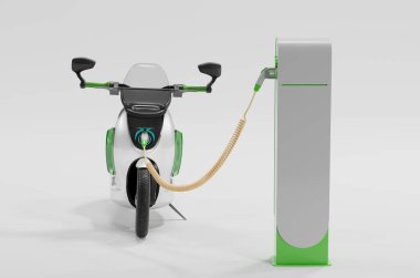 3 boyutlu şarj istasyonu olan elektrikli bir motosiklet.