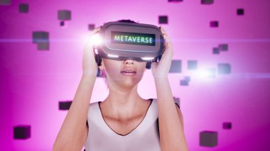 Sanal gerçeklik gözlüklü Metaverse dijital Avatar, Metaverse teknoloji konsepti, 3D görüntüleme