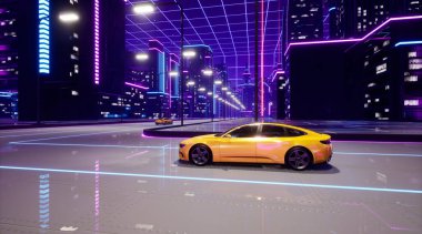 Taşıma aracıyla Metaverse şehir, 3D render