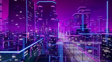 Metaverse şehir ve siber punk konsepti, 3D canlandırma