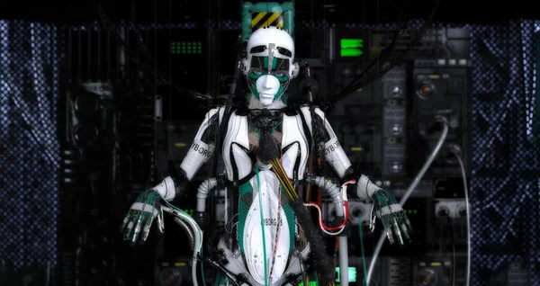 Cyberpunk Robot Ricarica Presso Negozio Robot Rendering — Foto Stock